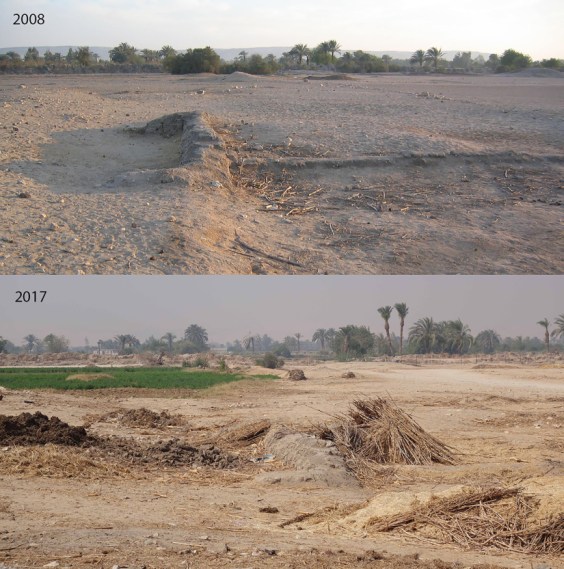 La parete posteriore del complesso nel 2008 (sopra) e nel e 2017 (in basso), mostrano l'entità del recente degrado. Le rovine di mattoni di fango siedono come uno strato superficiale sulla superficie del deserto e sono facilmente distrutti.